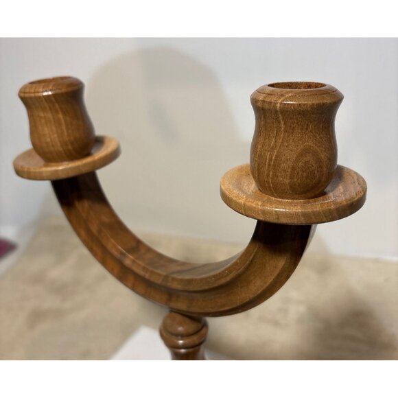 Wooden Double Candle Stick Holder Handcrafted Vintage 9.5” Rustic Decor - Picture 4 of 8